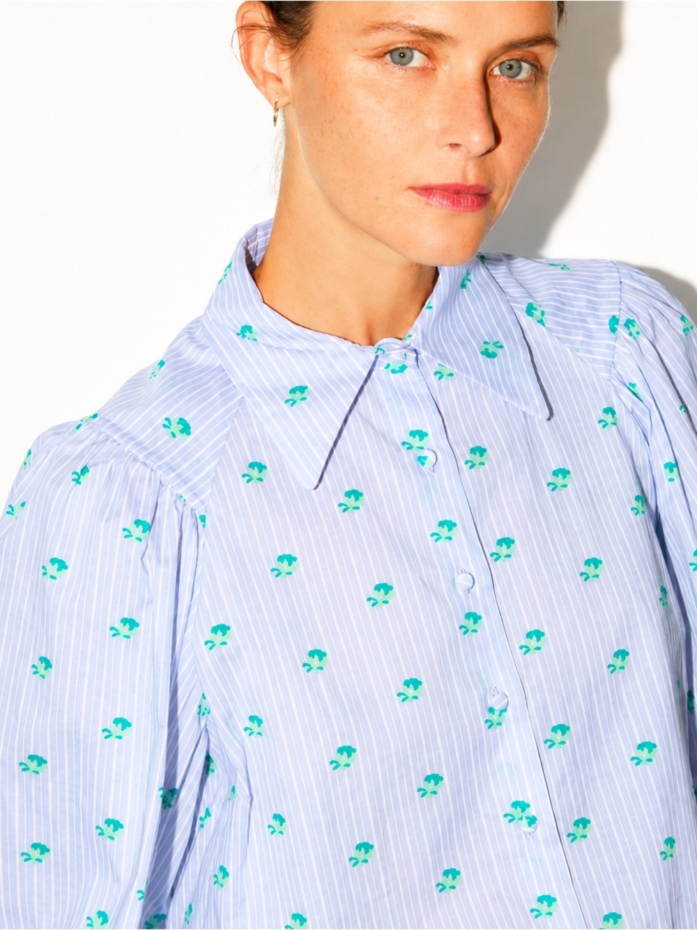 Zara Blue Stripe Floral Puff Sleeve Button Front Blouse Oversized Collar Size L